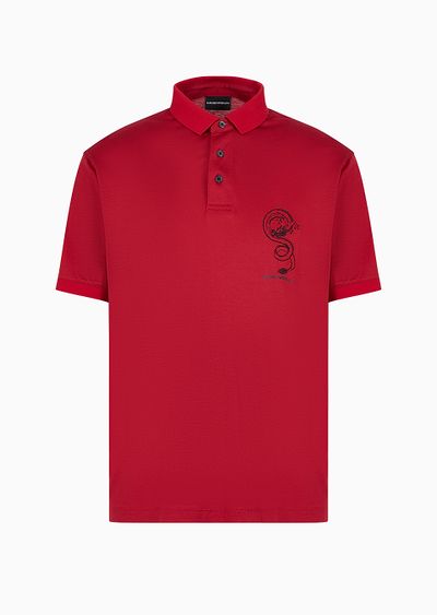 Armani Sustainability Values Lyocell-blend jersey polo shirt with dragon embroidery - F
