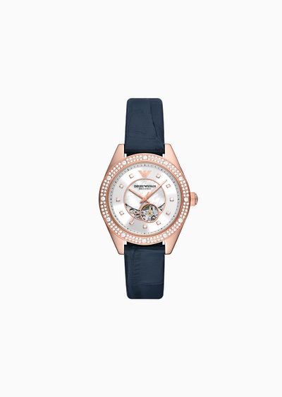 Automatic three-hand blue leather watch - F