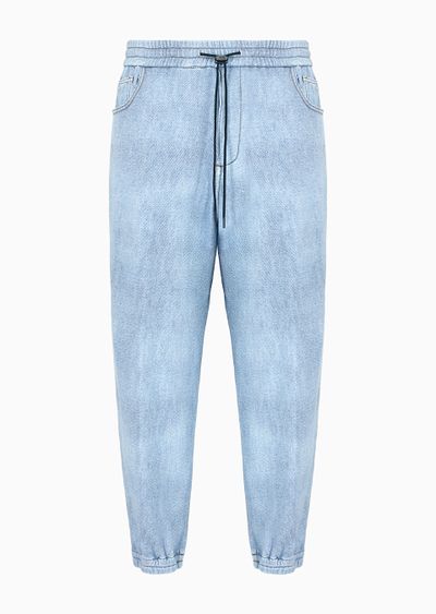 Denim-effect printed jersey drawstring trousers with elasticated cuffs - F